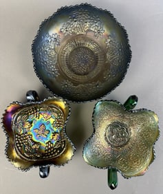 3 Fenton Northwood Emerald Green Carnival Glass Bowls