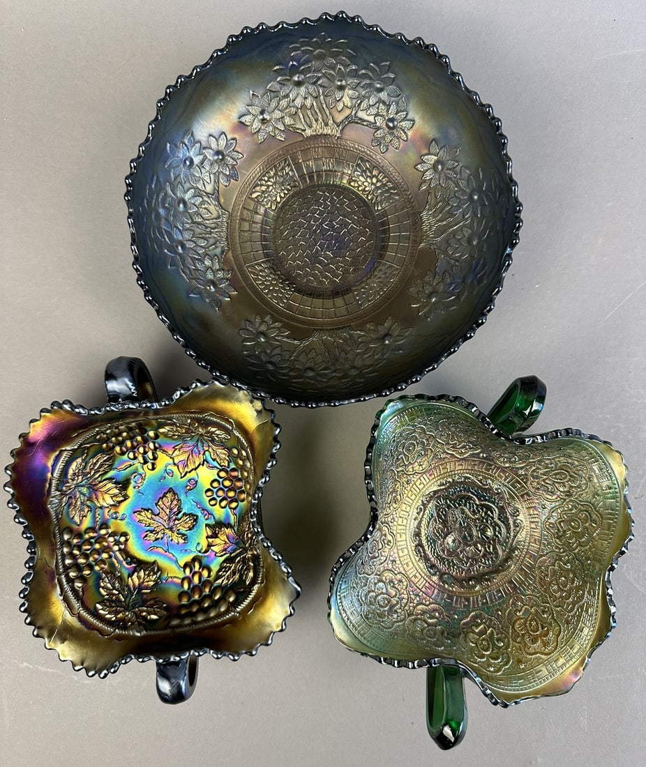 3 Fenton Northwood Emerald Green Carnival Glass Bowls (1 of 19)