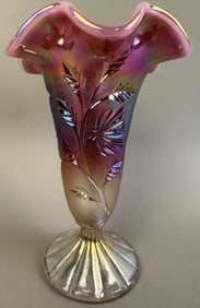 Fenton Art Glass Opalescent Rim Pink Carnival Vase