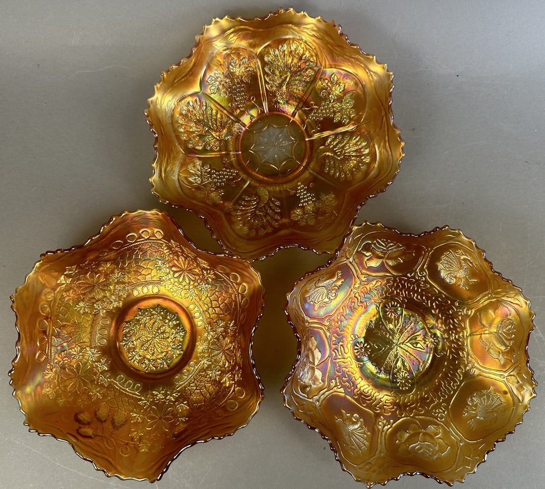 3 Fenton Marigold Ruffled Bowls Dragon Grape Orange (1 of 19)