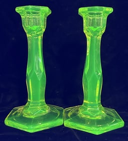 Fenton Uranium Art Glass Candlestick Pair Yellow
