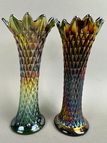 2 Northwood Amethyst Carnival Glass Diamond Vases