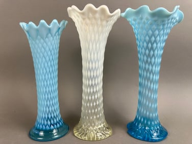 3 Northwood Glass Opalescent Diamont Point Vases