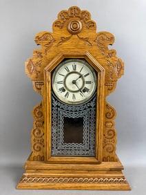 Antique Ansonia Clock Pressed Oak Gingerbread Case