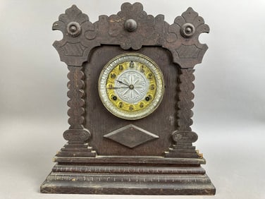 Antique Ansonia Clock Walnut Gingerbread Mantel