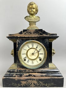 Antique Ansonia Clock Lions Bust Decorated Iron Case