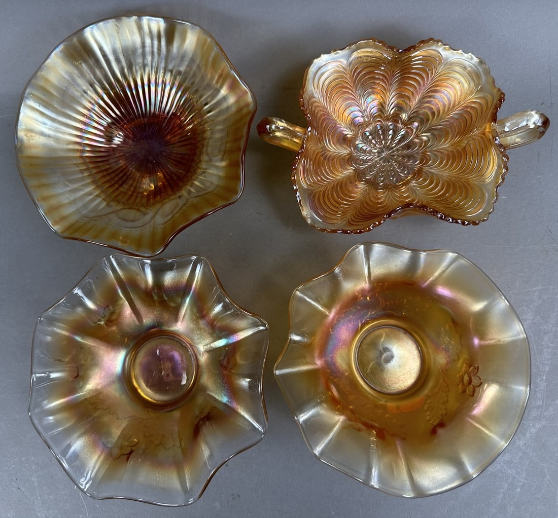 4 Piece Fenton Northwood Marigold Carnival Glass Lot: Beautiful 4 piece lot, featuring Fenton and Northwood carnival glass pieces. One piece is footed and the other 3 are on a pedestal base. A variety of patterns make up this lot. Measurements of the lar
