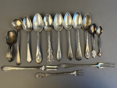 Lot 14 Sterling Silver Souvenir Spoons Forks 262 Grams