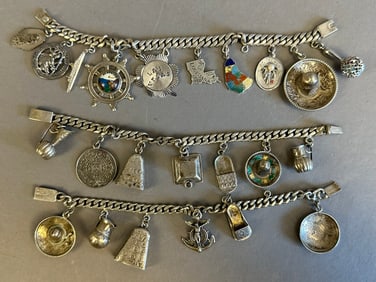 Lot 3 Sterling Silver Travel Charm Bracelet 124 Grams