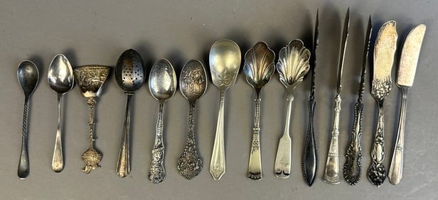 14 Ornate Spoon Knife Silver Plate & Sterling Lot