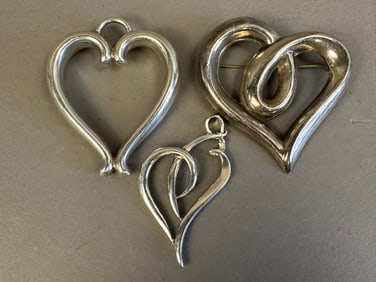 Lot 3 Heart Shaped Sterling Silver Brooch Pendants