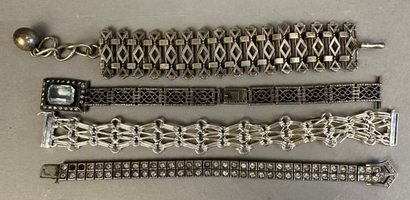 Lot 4 Sterling Silver Art Deco Era Ornate Bracelets