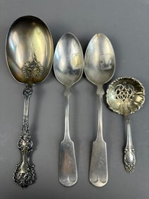 4 Antique Sterling Silver Ornate Serving Spoons