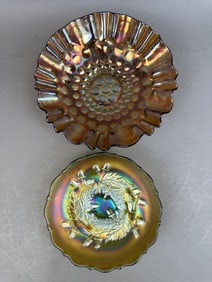 2 Fenton Carnival Glass Bowl Coin Dot Rippled Acorn