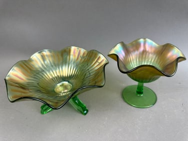 2 Northwood Emerald Carnival Glass Footed Bowls