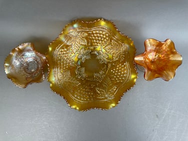 3 Marigold Carnival Glass Ruffled Bowls Northwood