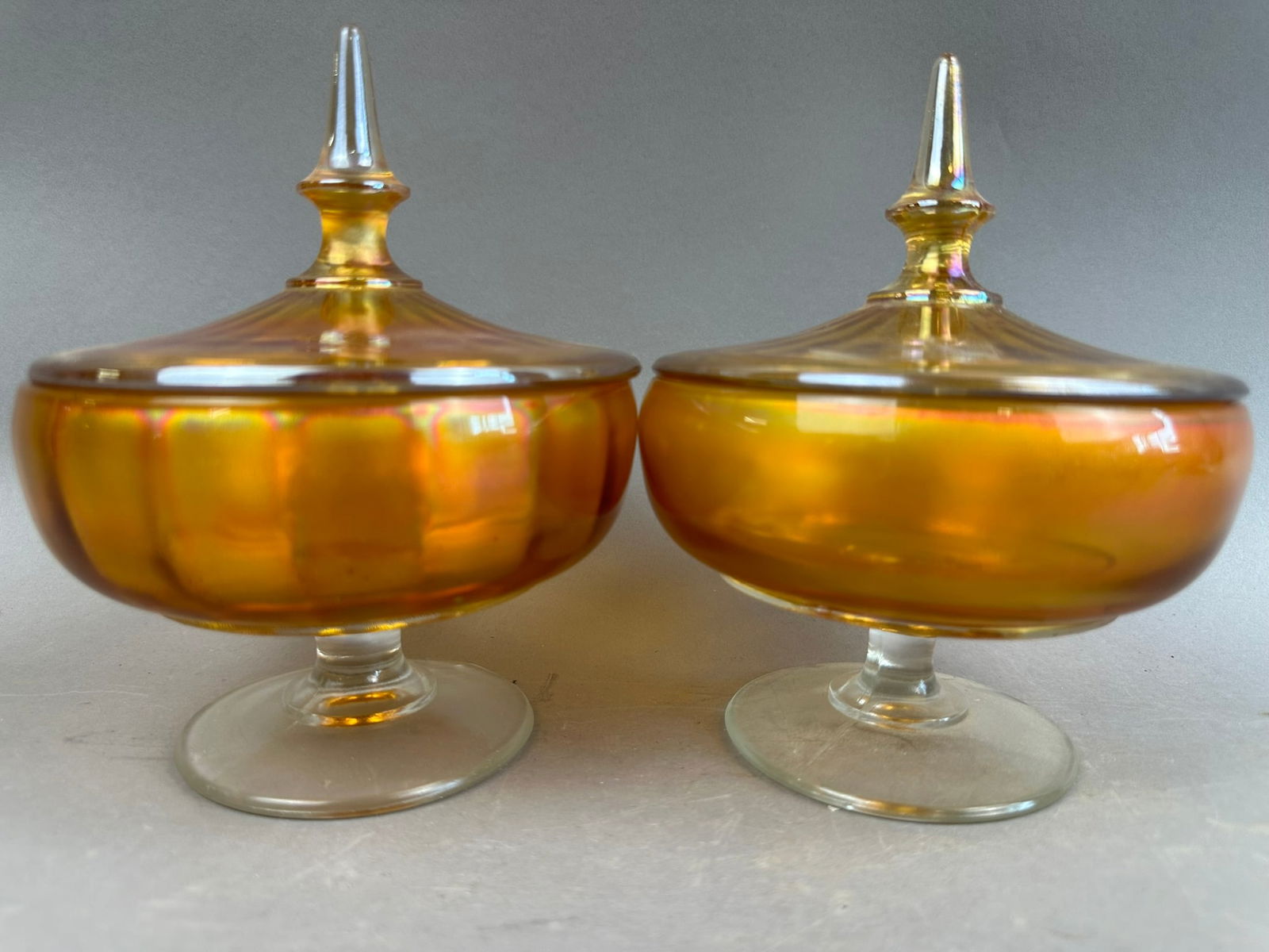 Pair Marigold Carnival Glass Footed Candy Bowls (1 of 9)
