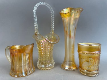 4 Marigold Carnival Glass Dugan Vase Basket