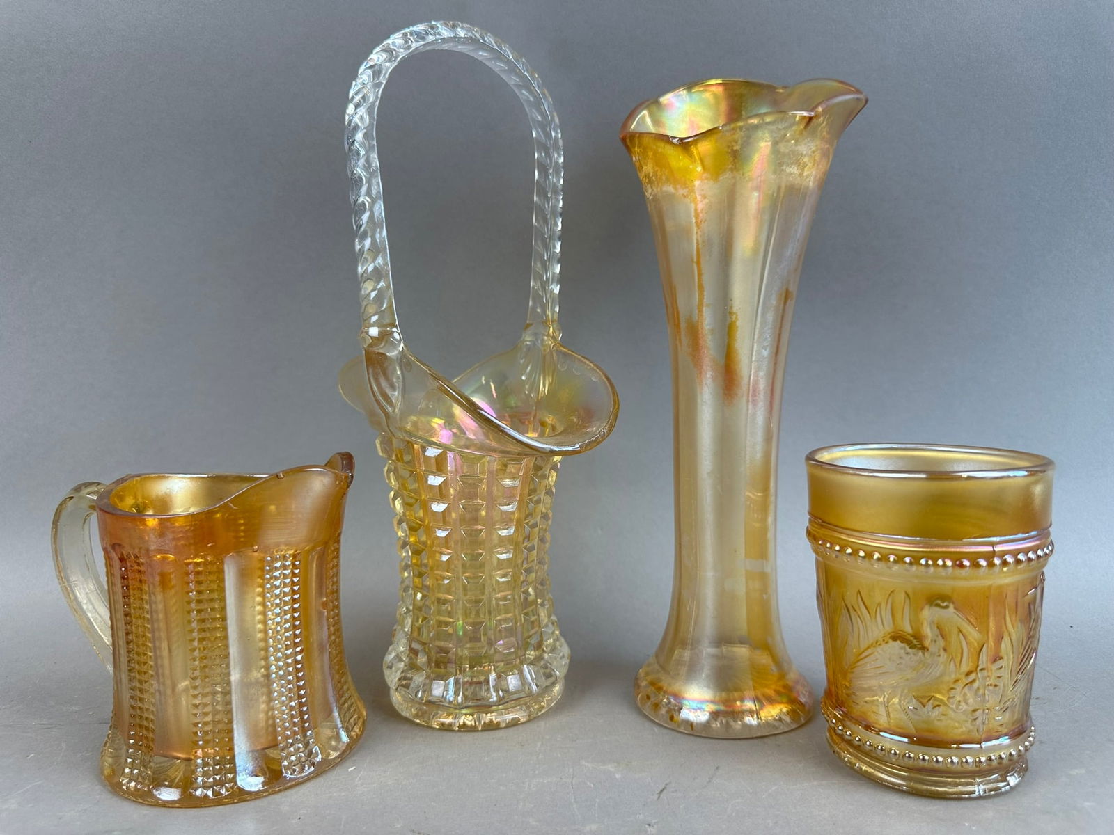 4 Marigold Carnival Glass Dugan Vase Basket (1 of 11)