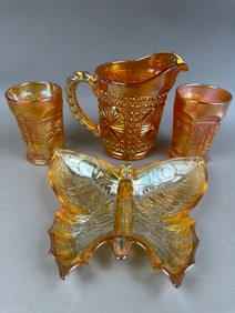 4 Marigold Carnival Glass Butterfly Pitcher Tumbler
