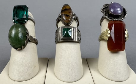 6 Piece Vintage Sterling Silver Ring Jade Carnelian