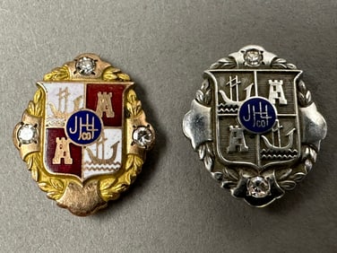 Pair Antique Coat Arms Lapel Pin Badges 10K Gold