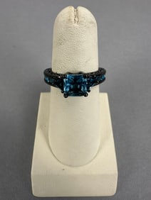 Black Plated 10KT Gold Aquamarine Ladies Ring 3.8 Grams