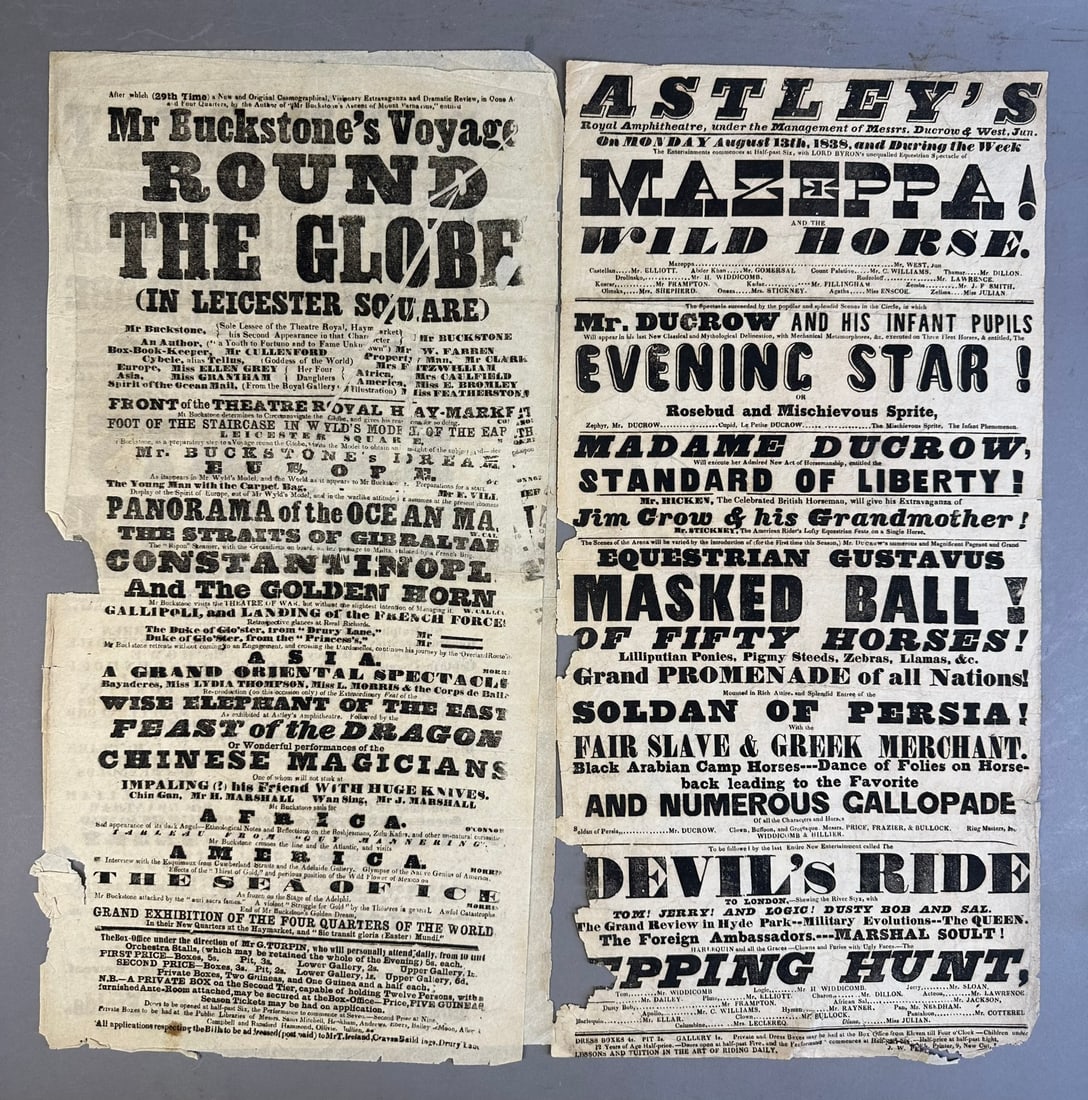 Hay Market Royal Theatre Playbill 1850s Knights: This lot consists of an original 19th century playbill from the Hay Market in England. This one features several productions including Knights of the Round Table, Mr Buckstone's Voyage Round The Globe