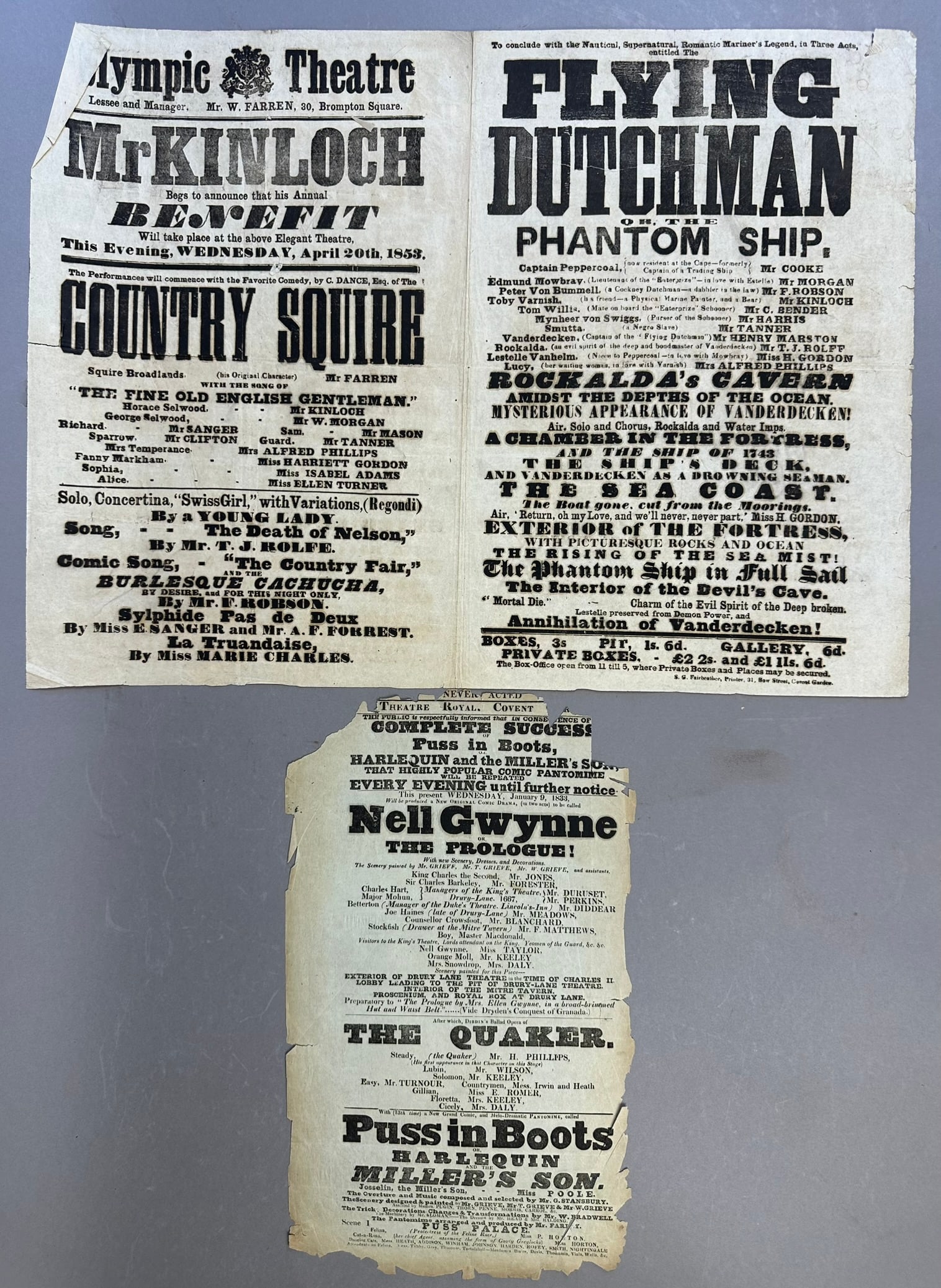 Olympic Theatre Playbill 1853 Flying Dutchman: This lot consists of an original antique playbill from the Olympic Theatre for the Flying Dutchman production. Dated April 20th 1853. Very fragile condition, overall nice original playbill.