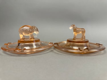 2 Pink Depression Glass Elephant Dog Ashtrays