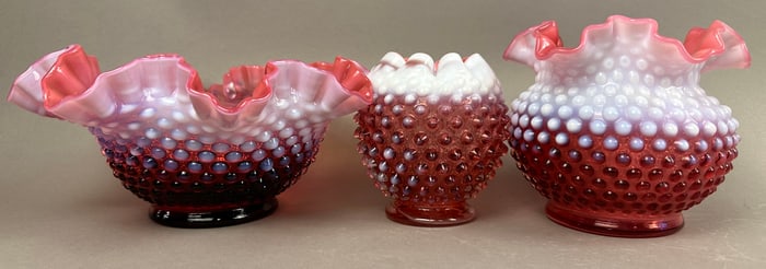 3 Fenton Cranberry Opalescent Hobnail Ruffled Bowls