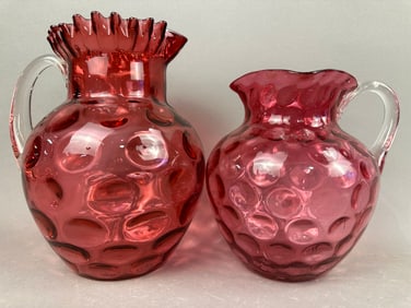 2 Antique Fenton Cranberry Glass Coin Dot Pitchers