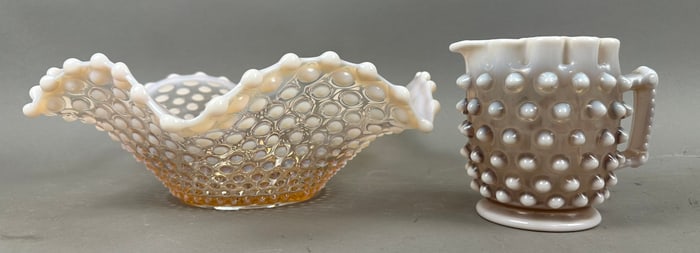 2 Fenton Moonstone Opalescent Hobnail Pitcher Bowl