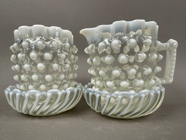 4 Fenton Moontstone Opalescent Hobnail Bowl Cream Sugar