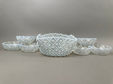 7 Aetna Glass Square Opalescent Hobnail Berry Bowls