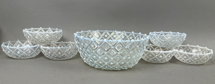 7 Aetna Glass Round Opalescent Hobnail Berry Bowls