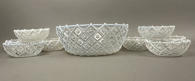 9 Aetna Glass Round Opalescent Hobnail Berry Bowls