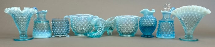9 Fenton Blue Opalescent Hobnail Shoe Ruffled Vase