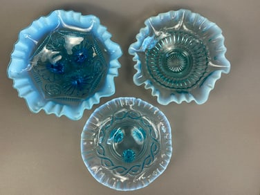 3 Fenton Blue Opalescent Glass Ruffled Footed Bowls