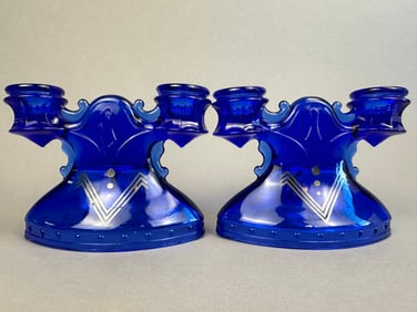 Pair LE Smith Cobalt Blue Double Candlesticks
