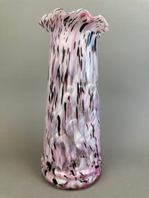 Antique Splatter Art Glass Ribbed Ruffled Vase