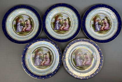 5 Antique Czech Porcelain Large Dinner Plate Set