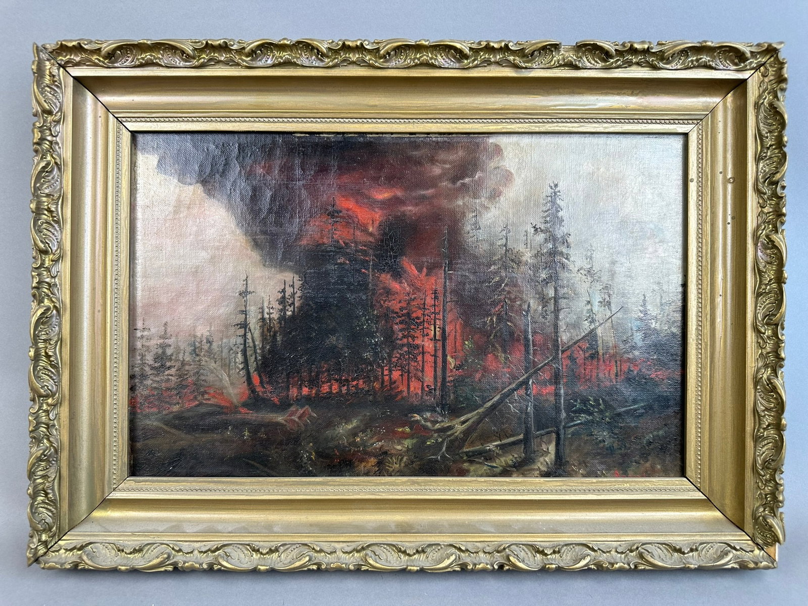 1911 Adirondacks Burning Oil Canvas Painting Gotham: This lot features a beautiful oil painting signed by Gotham dated 1911, featuring the great fire of the Adirondacks in New York. Incredible brush work on this oil painting. Needs to be attached to fra