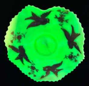 Fenton Custard Uranium Glass Ruffled Bowl Birds