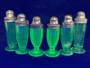 6 Piece Green Uranium Glass Salt Peppers Shakers