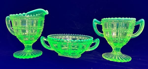 3 Green Uranium Glass Beaded Block Opalescent Set