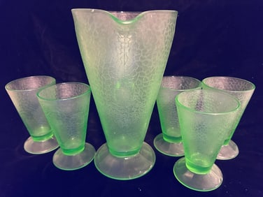 6 Green Uranium Glass Depression Pitcher Tumbler Set