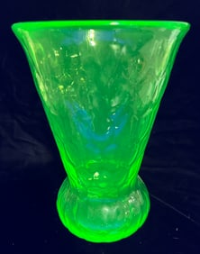 Green Uranium Glass Footed Vase Dot Pattern Glows