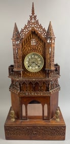 Antique 3' Ansonia Tramp Art Carved Mantle Clock