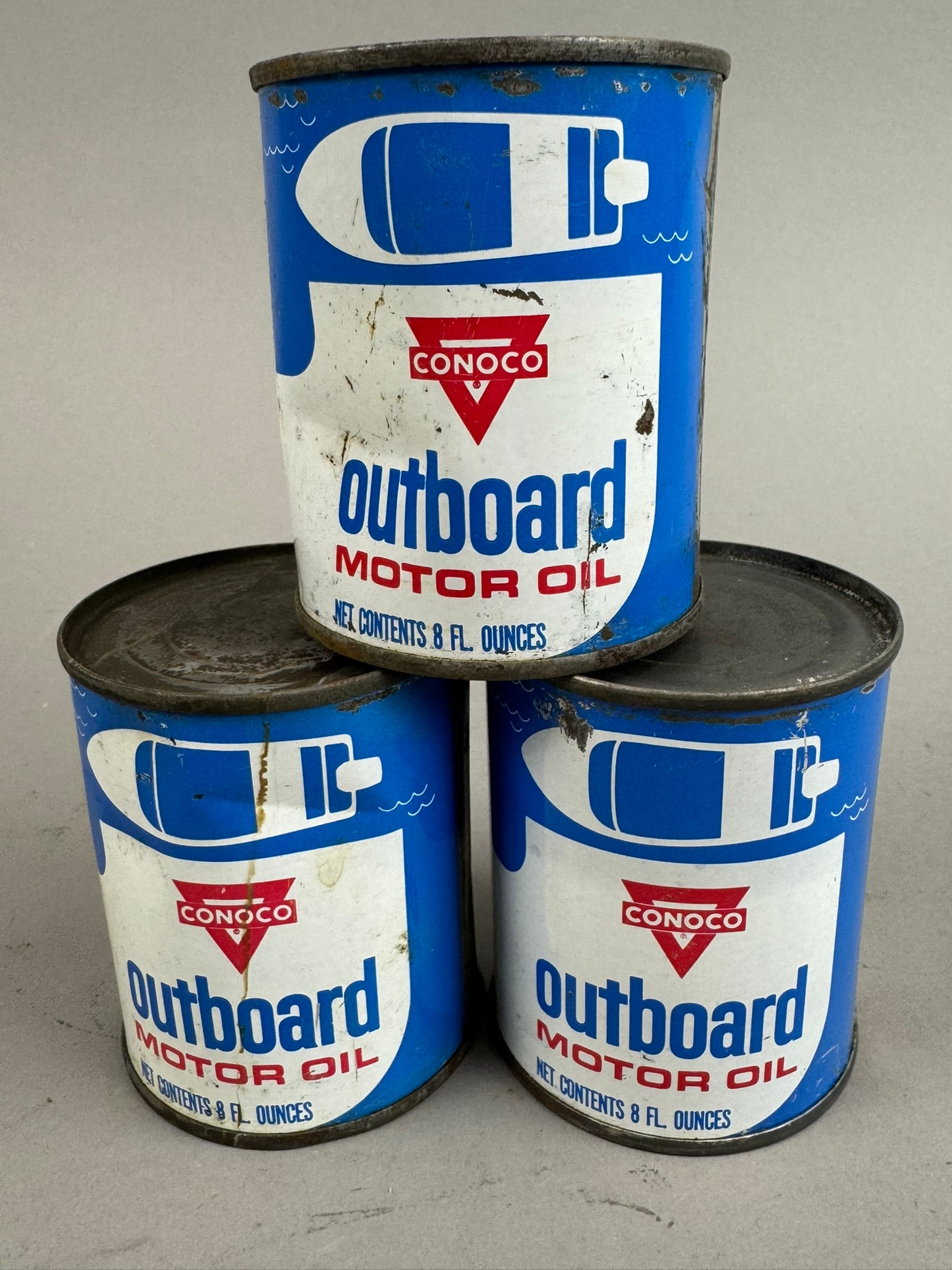 Lot 3 Full Nos CONOCO Outboard 8oz Metal Cans (1 of 3)
